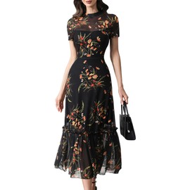 GothDark Women's Summer Floral Print Mesh Ruffle Dress Short Sleeve Round Neck Waist Cinched Casual Long Maxi Dresses