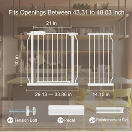 Baby Gate for Stairs No Drill 43.31-48.03 Inch,Pressure Mounted Metal Child Safety Dog Gates for Doorways,Walk Through Pet Gate Indoor Auto Close,White