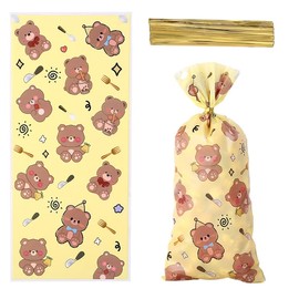 DWUENT Bear Candy Bags, 100 Pcs Cellophane Gift Bags with Twist Ties for Birthday Party, Baby Shower, Girls Boys Treats, 27.5cm x 12.5cm (Cute Design) ﻿
