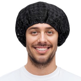 Ymapinc Black Shower Cap Reusable Waterproof, Mens Shower Cap, Adjustable Large Hair Cap for Shower, Reversible Terry Lined, Elastic Band, Stretch Hem, Suitable for Long Hair, Braids, Curly Hair