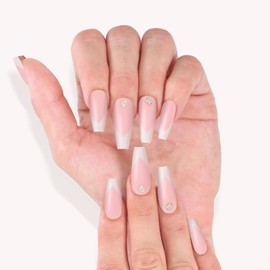 Krystil Press On Nails, 15 Sizes - 30 Nails Kit, Long Coffin Pink French Design, Reusable Fake Nails with Glue | Salon Quality | Sakura