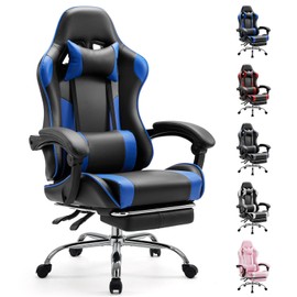 Sweetcrispy Computer Video Game Desk Chair - Ergonomic Comfy Lumbar Support with Footrest, PU Leather Recliner with Headrest, Fixed Up Armrest, Height Adjustable and 360° Swivel, for Adults, Blue
