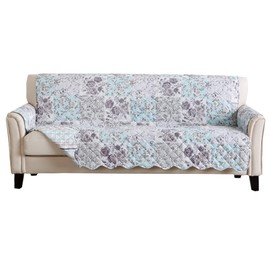 Reversible Floral Patchwork Furniture Protector Scalloped Edge Stain Resistant Printed Furniture Protector Maribel Collection (Sofa, Gray/Aqua)