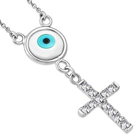 925 Sterling Silver Cross Evil Eye White CZ Pendant Necklace