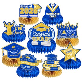 9Pcs Graduation Decorations Class of 2026 - Blue and Gold Congrats Grad Honeycomb Centerpieces, Graduation Table Toppers for 2026 College High School Graduation Party Supplies Decorations