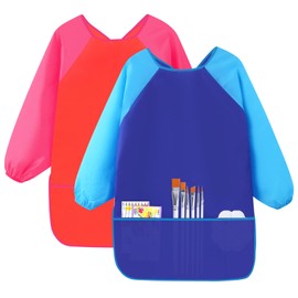 Jinlaili 2 Pieces Painting Apron with Sleeves for Children from 3 to 8 Years Girls/Boy, Children's Aprons with 3 Pockets, Waterproof Painting Apron Kids Painting Coat for School Art Painting, Cooking,