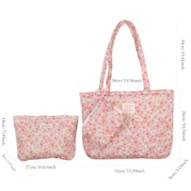 Floral Quilted 3-in-1 Bag Set for Wome Cotton Large Shoulder Tote with Medium Cosmetic Bag Mini Organizer Pouch A039 (Pink)