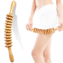 UQMIQURA Faszienrolle Holz Massagegerät, Massageroller Holz mit Griff, Anti Cellulite Massage Massagegerät, Faszienroll mit 12 Rollen, Massage Roller für Muskelentspannung, Buche