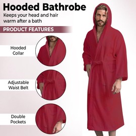 KAHAF COLLECTION Men's Terry Bathrobe with Hood, 100% Cotton Soft Long Towel Robe for Men, Super Absorbent, Quick Dry, Warm & Lightweight Loungewear, Spa, Shower, Gym & Home (S/M, Burgandy)