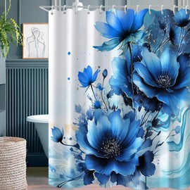 Uiiooazy Floral Shower Curtain for Bathroom Blue Flowers Fabric Shower Curtain Set with Hooks Waterproof Machine Washable Marble Curtain 72" Wx72 L