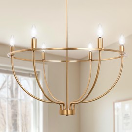 DORESshop Gold Dining Room Light Fixture, 6-Light Farmhouse Gold Chandelier for Bedroom, Adjustable Height Modern Metal Candle Chandelier for Kitchen Island, Living Room, Foyer, Entryway, 28.5in