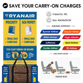 WANDF Small Cabin Bag 40x20x25 for Ryanair Airlines Foldable Underseat Travel Bag Water-Resistant Hand Luggage Holdall Bag Weekend Overnight Bag for Women Men (Brown Leopard 20L with Should Strap)