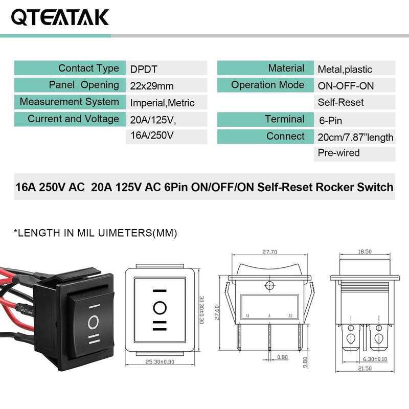 QTEATAK DPDT 6 Pins 3 Position ON/Off/ON Pre-Wired Black Rocker