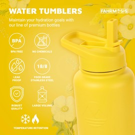 FAHRMOSIS 32 Oz Water Bottle with Straw & Holder Strap | Insulated Water Bottle Water Jug Includes 3 Lids Water Bottles | Stainless Steel Water Bottle for Men & Women -Yellow