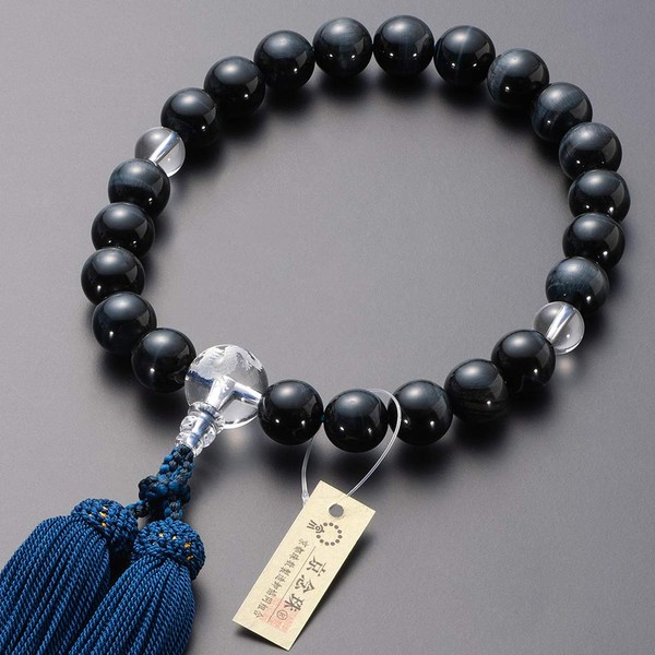 [Butsudanya Takita Shoten] Kyoto Prayer Beads, Men's, Blue Tiger Eye Stone, Dragon Carved Book Crystal, 22 Beads, Pure Silk Head Bassel, With Prayer Bag Included, Certificate Included