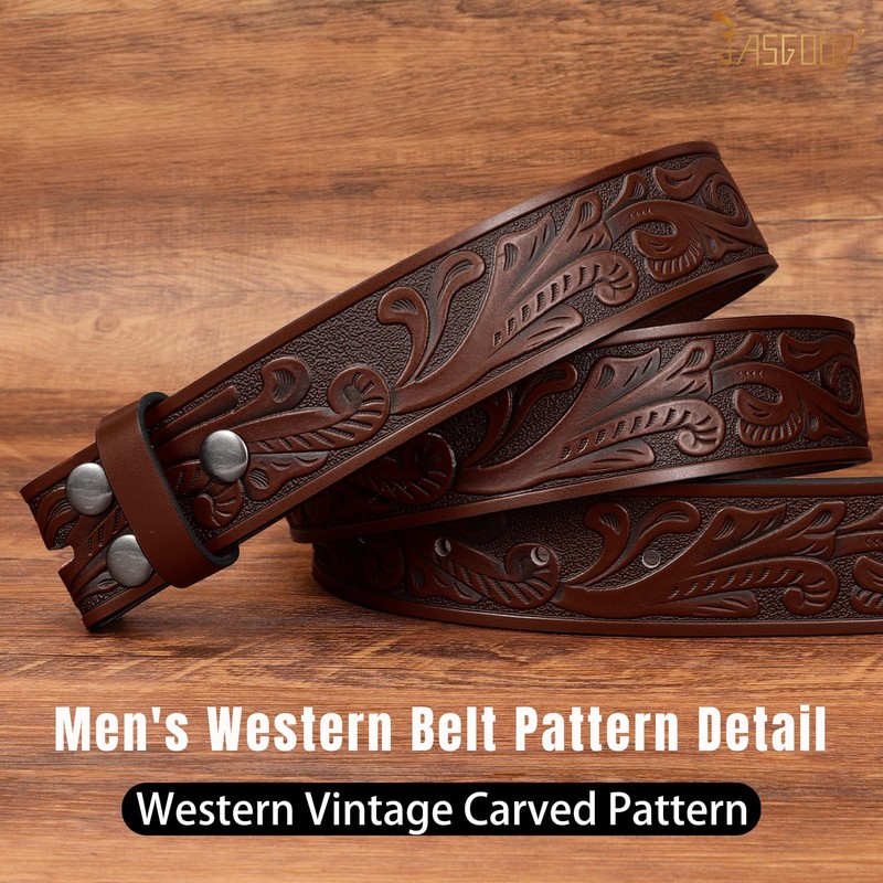 JASGOOD Men's Western Leather Belt Strap Engraved Cowboy Belt without