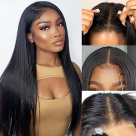Eooma 220% Density Glueless Wigs Human Hair Pre Plucked Pre Cut 7x5 Wear and Go Glueless Wig 28 Inch HD Straight Lace Front Wigs Human Hair for Women Natural Black