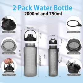 CodiCile Pack of 2 BPA-Free Water Bottles, 2 L + 750 ml, Sports Water Bottle with Time Marking & Straw, 2 Litre Drinking Bottle for Gym with Brush, Large Motivational Time Marker, Water Bottle
