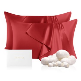 THXSILK Set of 2 100% Pure Mulberry Silk Pillowcases for Hair and Skin, 22 Momme Zipper Silk Pillow Case Standard Size, Real Silk Pillowcases with Zipper, Anti Aging Acne Free (Red, Queen 20"x30")