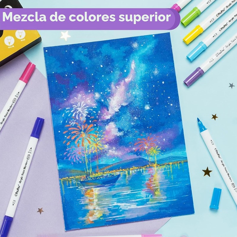 Ohuhu Plumones Acrílicos 72 Colores Doble Punta Pincel y Fina