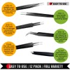 Tweezers 12 Pack, Precision Tweezer Set for Women, Stainless Steel
