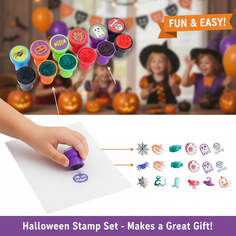 12 Pack Halloween Stamps for Kids, Non-Toxic Cartoon Stamp Set