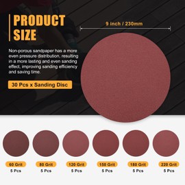 CoCud 30 Pcs 9 Inch Sanding Disc 60/80/120/150/180/220 Grit Round Hook and Loop Sandpaper for Random Orbital Sander Automotive Car