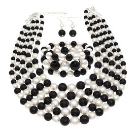 MeliMe Faux Big Pearl Srand Necklaces for Women 5 Layers Pearl Bib Collar Necklace Bracelet and Earrings set 1920s Costume Pearl Jewelry Bridal Wedding gift (black white)