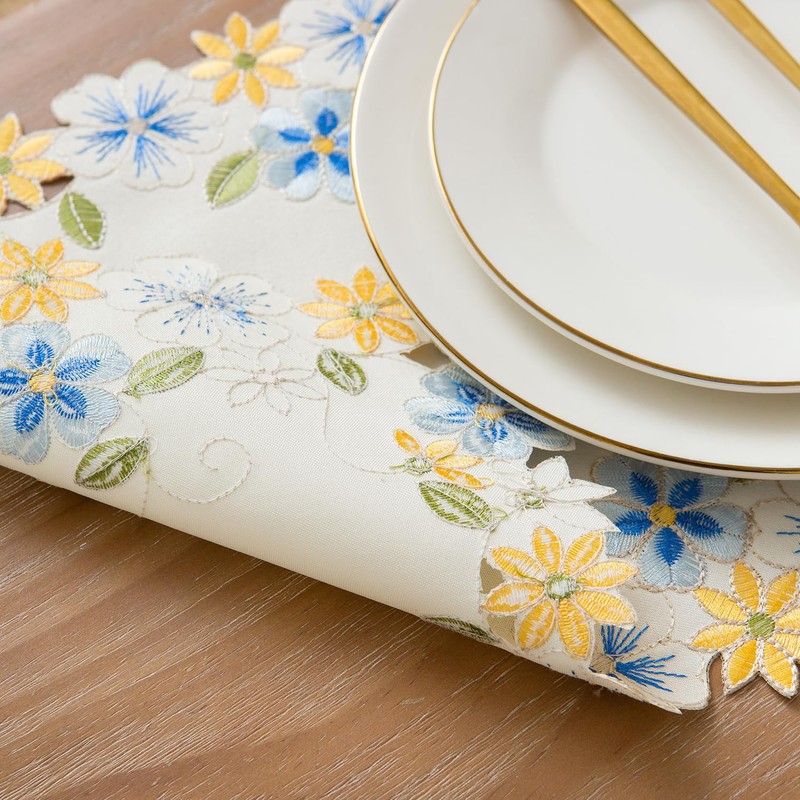 2pack Rectangular lace Doilies,yellow blue Floral Cutwork Embroidered Placemats Vase