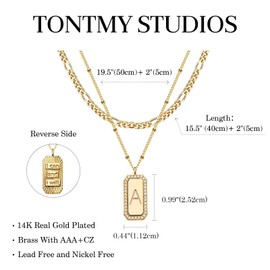 Dainty Layered Initial Necklaces for Women Trendy 14K Real Gold Plated Figaro Chain Necklace Cute Square Rectangle Letter Pendant Initial Choker Necklace Gold Layered Necklaces for Women