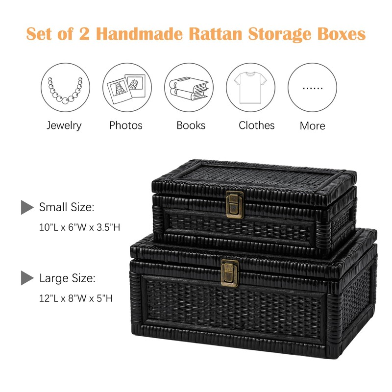 2PCS Rattan Boxes with Lid Decorative Natural Handmade Boho Baskets
