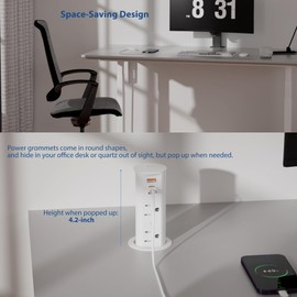 2 Inch Pop Up Outlet for Countertop,Power Grommet 2-inch Desk Wire Hole Insert,20W USB C,2 Outlets,2 USB C/1 USB A,Recessed Outlet,Desk Charging Station (White, 6 FT Cable)
