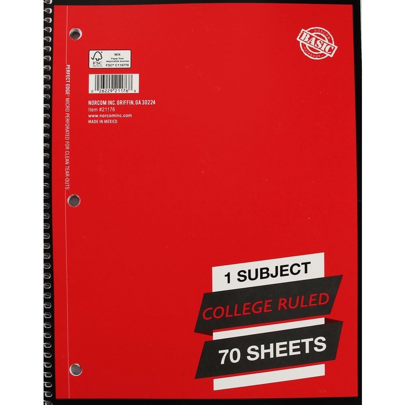 1 Subject College Ruled Spiral Notebook Solid Colors Perforated Edge