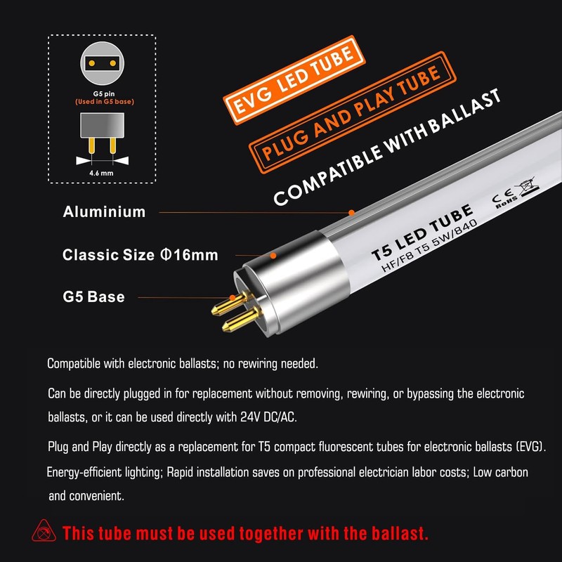 IHYCTV T5 LED 12", G5 5W 685lm 6500K F8T5/DL LED