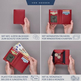 VON HEESEN® Men's Leather Wallet with Coin Compartment and RFID Protection, Genuine Leather Wallet for Men and Women, Wallet, red, With XL coin compartment