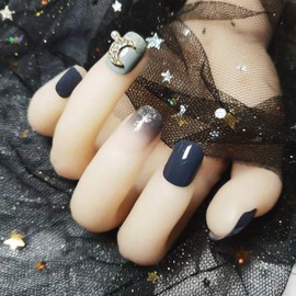 SIFASHION 24pcs 3D Cute Elegant Nail Royal Blue Pearl Moon Decoration Handmade Nail Tips Nail Bride