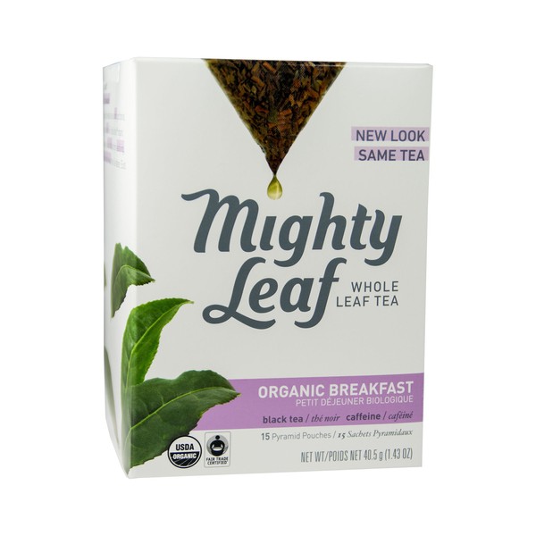 Mighty Leaf Whole Leaf Organic Breakfast Tea, 15 Tea Bags Individual Pyramid-Style Tea Sachets of Organic Caffeinated Black, Delicious Hot or Iced, Sweetened or Plain