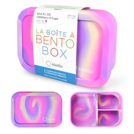 kinsho Silicone Lunch Box Bento-Box for Kids Toddlers Girls, Reuseable Eco Snack and Meal Container for School Daycare or Travel, 5 Cups / 40 oz Large Capacity, Pink Purple