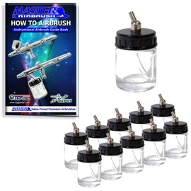 Master Airbrush (Pack of 10) TB-002 Empty 3/4 Ounce (22cc) Glass Jar Bottles with 30° Down Angle Adaptor Lid Assembly - Fits Dual-Action Siphon Feed Airbrushes, Use with Master, Badger, Paasche, Iwata