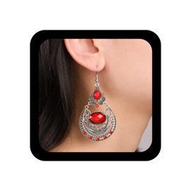 Allereya Boho Ethnic Drop Earrings Silver Tribal Drop Earrings Red Ruby Drop Earrings Fillgree Water Drop Earrings Ethnic Gypsy Chandelier Earrings Jewellery for Women, Zinc, No Gemstone