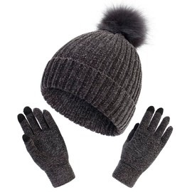YAMEE Winter Women Beanie Hat Touchscreen Gloves Set, Warm Skull Cap Beanie Soft Ski Cap With Poms and Thermal Texting Gloves