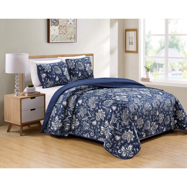 Kids Zone Home Linen Bedspread Set Floral Print Pattern Blue Taupe White Grey New (Full/Queen)