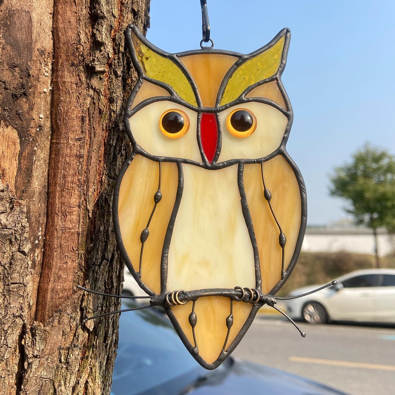Handmade Stained Glass and Wrought Iron owl suncatcher - Amber