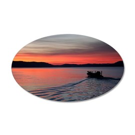 CafePress Bass Boat at Sunrise 35"x21" Oval Wall Decal, Vinyl Wall Peel, Reusable Cling