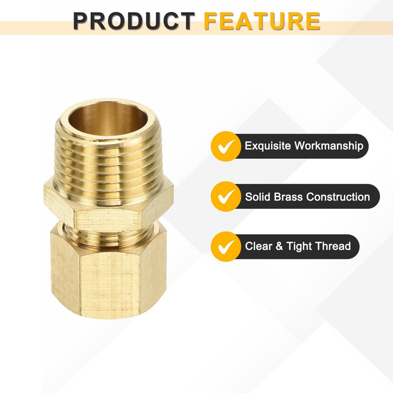 sourcing map 3Pcs Brass Compression Tube Fitting, 1/2" Tube OD