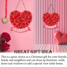 Valentines Door Decor - Welcome Rose Heart Shaped Wood Hanging Sign Wall Plaque Valentines Day Decorations Front Door Indoor Outside Home Decor