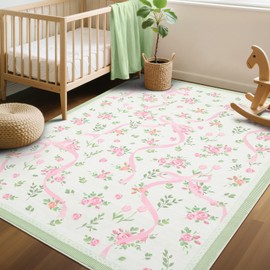 GarveeHome Coquette Green Rugs for Bedroom Girls, 3x5 Rug for Living Room with Soft Low Pile, Floral Bow Washable Area Rug for Nursery Kids Dorm Playroom