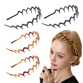 4 Pcs Zig Zag Headband, 90s Zigzag Headbands, Plastic Wavy Hairbands with Shark Teeth Comb Design, Non-Slip Elastic Hair Bands for Women Men Girls, Unisex 90s Hair Accessories (Black, Amber)