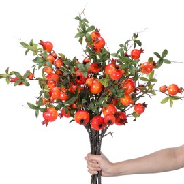 Thiccywoov 10 Pcs 31.5'' Tall Pomegranate Flower Stem Artificial Fruits Pomegranate Berries Branches Fake Tree Branches Faux Plants Stem Fall Flowers for Wedding Home Vase Party Decorations (Orange)