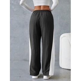 Fisoew Women's Baggy Wide Leg Track Pants Casual Drawstring Elastic Waisted Color Block Workout Y2K Active Pants Black